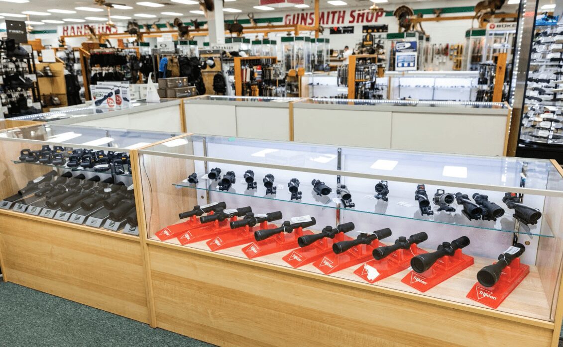 Firearm counter at H&H Shooting Sports in Oklahoma selling additional gear