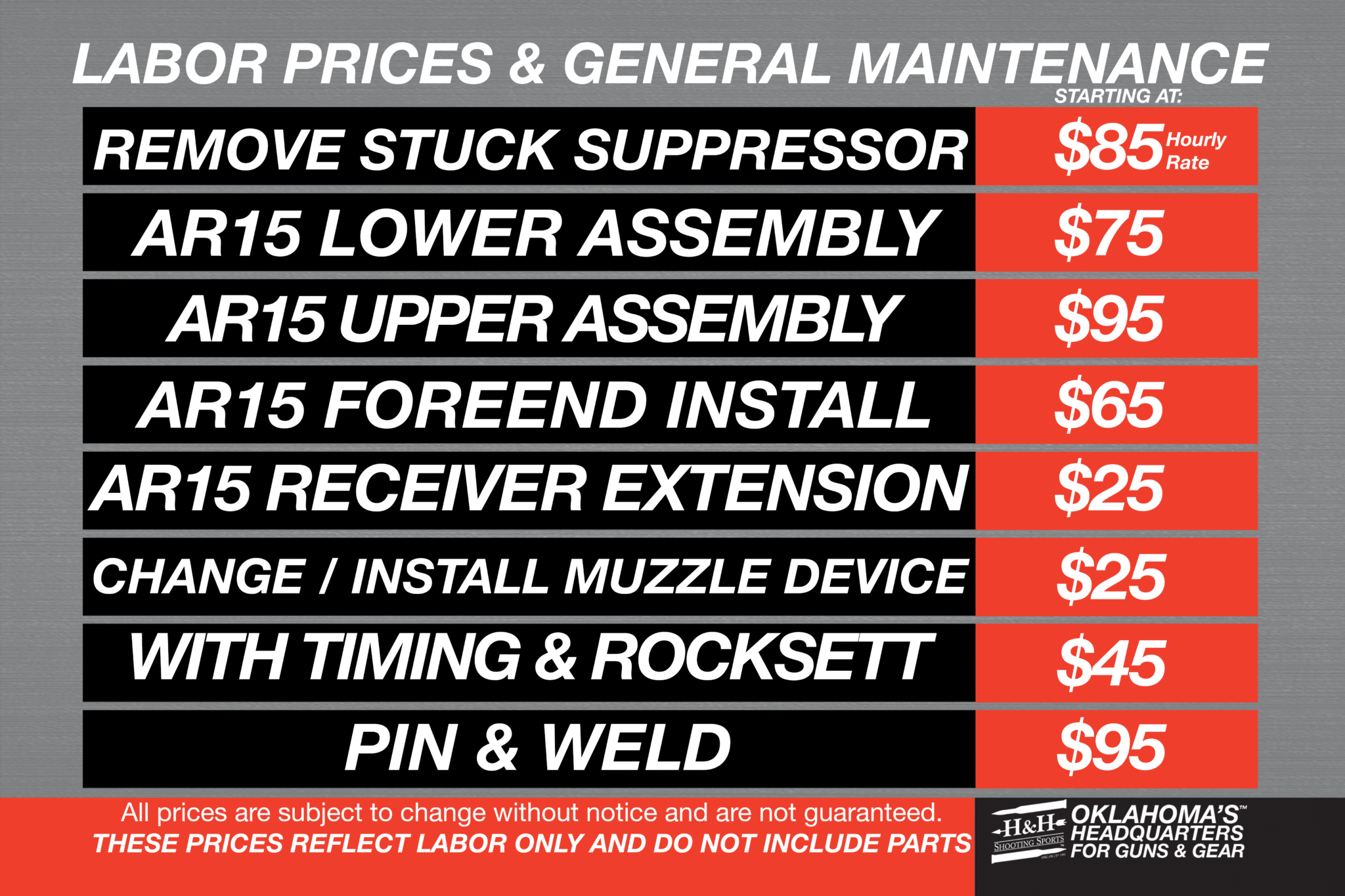 H&H Shooting Sports Gunsmith Rates 